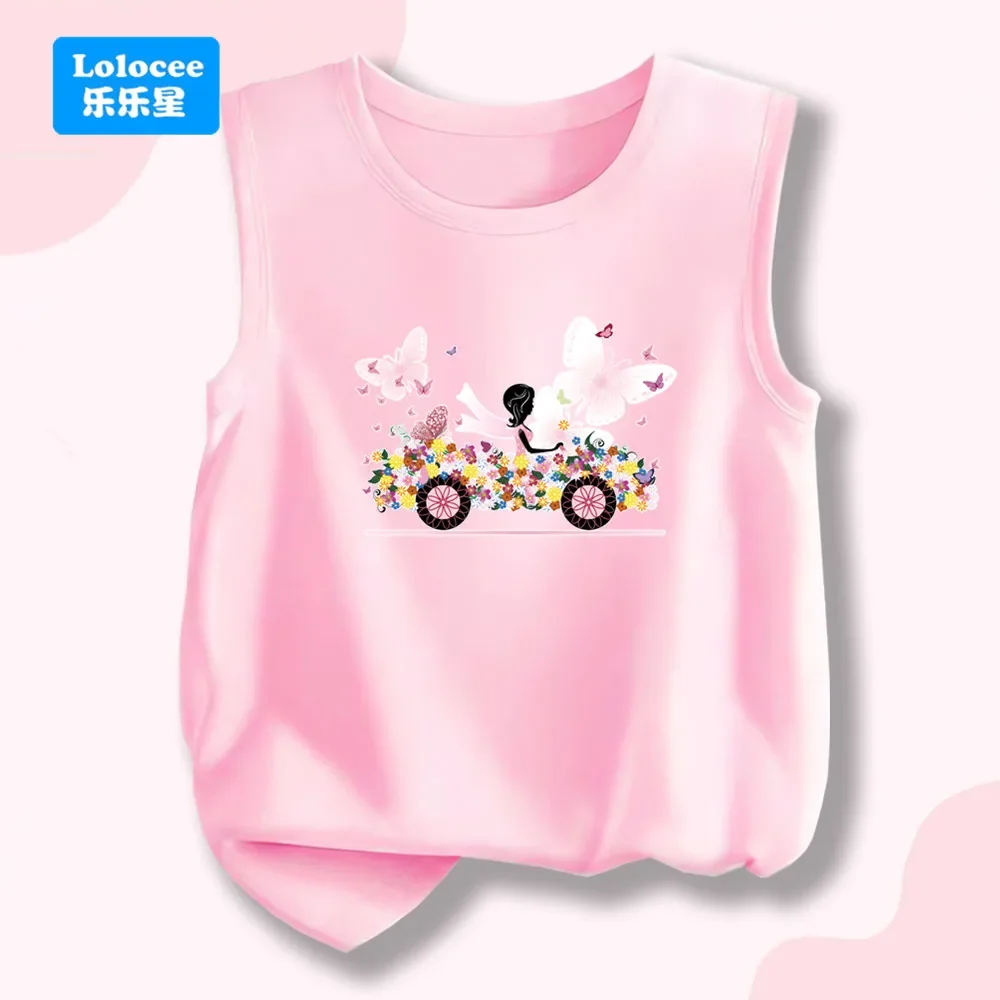Girls' Fashion Sleeveless T-Shirt Cartoon Tank Top - Floral Car & Butterfly Print Pink Summer Vest Singlet for Kids NHHC1