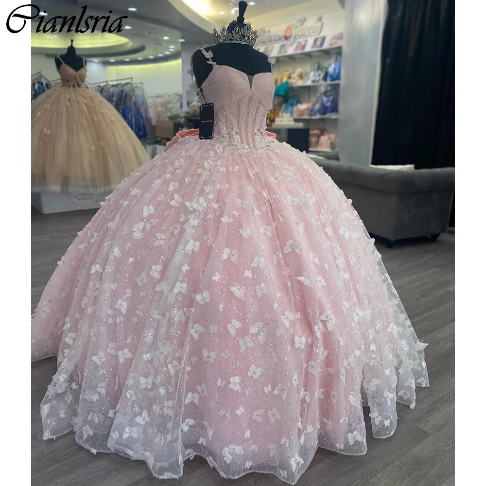 Vestido De quinceañera plisado con cuentas De cristal, vestido De baile, corsé con lazo De encaje De mariposa 3D, rosa, correa De espagueti, 15 Años