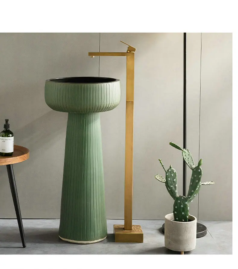 

American style green ceramic column washbasin, light luxury handmade artistic washbasin, suitable for balcony, courtyard YX415KN