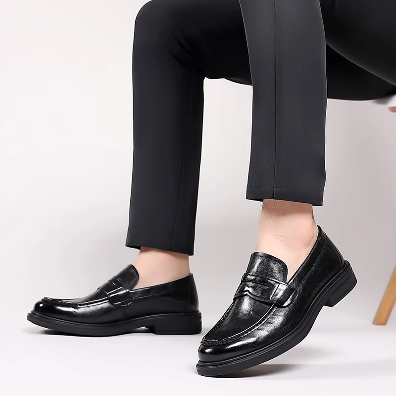 Zapatos italianos de cuero de alta gama sin cordones para hombre, zapatos de vestir de negocios con punta cuadrada, mocasines casuales formales sin