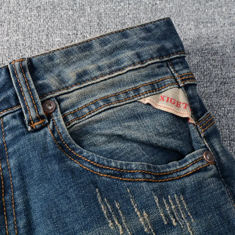 Fashion Designer Men Jeans High Quality Retro Blue Elastic Slim Fit Ripped Jeans Men Trousers Vintage Casual Denim Pants Hombre