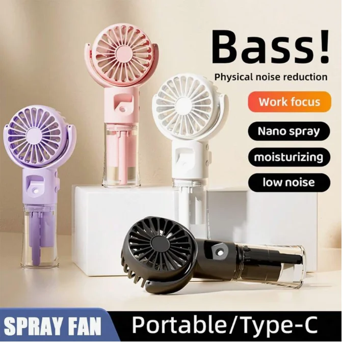 Mini Ventilador Portátil Plegable con Rociador Humidificador, Ventilador de Mano Recargable por USB con Niebla de Agua para Sala de Estar, Aula, Escuela