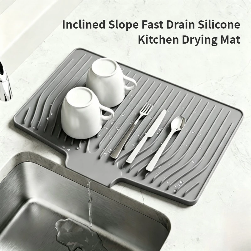 Tapis de séchage en silicone pour évier de cuisine à pente inclinée, écoulement rapide de l'eau, protection de comptoir pour assiettes, tasses et ustensiles