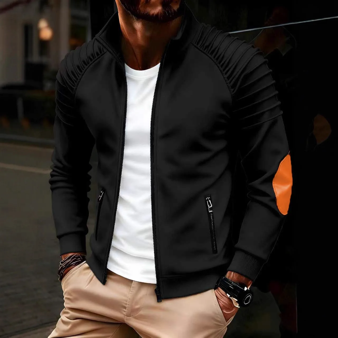 2026 Autumn New Men's Arm Pleated Design Jacket Daily Leisure Sports Zipper Pocket Cardigan