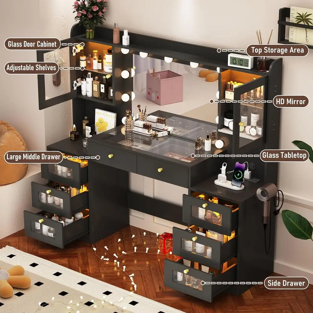 62 Glass Top Makeup Vanity Desk with Lighted Mirror, 8 Drawers, and Power Outlet for Bedroom or Dining Room, Black view 6