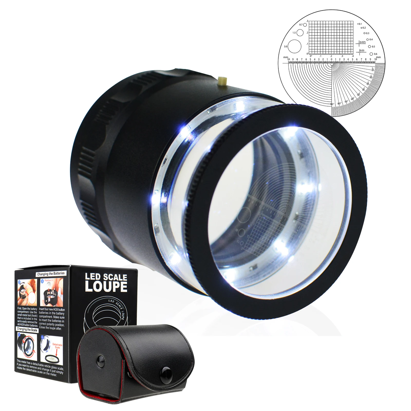 Quality 10x Scale Magnifier with 8 LED Light 20mm Chart 25mm Field of View Synthetic Leather Case