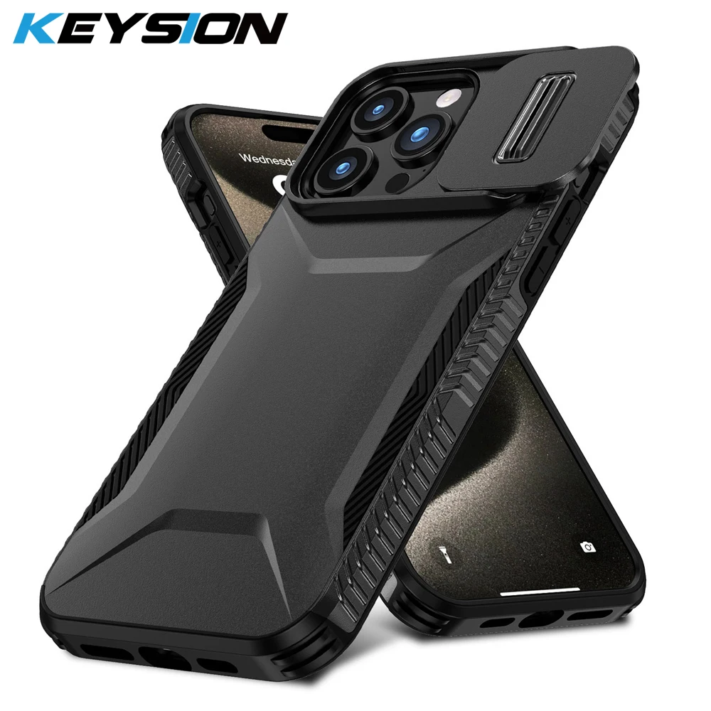 KEYSION Shockproof Armor Case for iPhone 15 Pro Max 15 Plus Slide Camera Lens Protection Phone Cover for iPhone 12 13 14 Pro Max