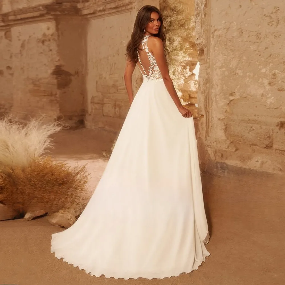 Customized Elegant A-Line Bridal Gown for Beach Wedding Round Neck Sleeveless Backless Style Featuring Illusion Lace Appliqués