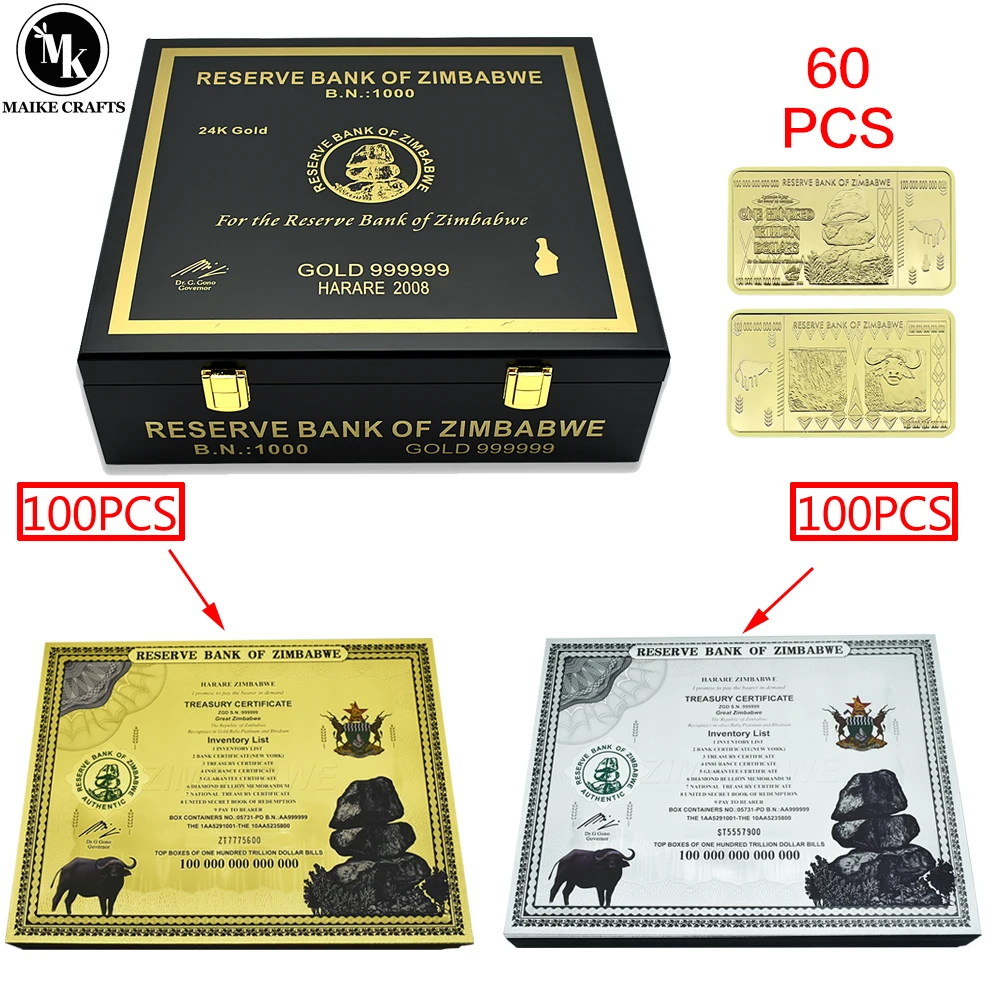 

One Hundred Trillion Dollar Zimbabwe Gold Silver Foil Banknotes Certificates Reel with UV Serial Number Money Collectible Gift