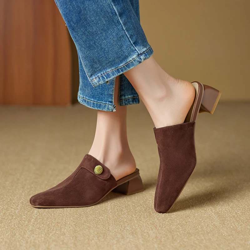 2026 Women Suede Mules Square Toe Retro Slip-on Block Mid Heel Shoes Sheepskin Insole Plus Size 33-42 Elegant Black Brown Slides