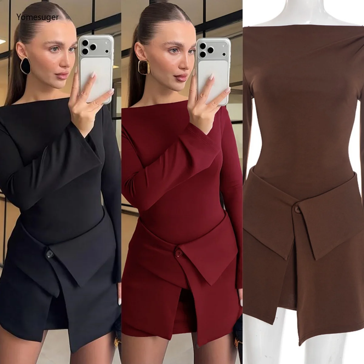 

Yomesugar Элегантный комплект из двух предметов, женское хипстерское мини-платье с длинными рукавами и юбка на пуговицах нестандартной формы, одинаковая офисная уличная клубная одежда