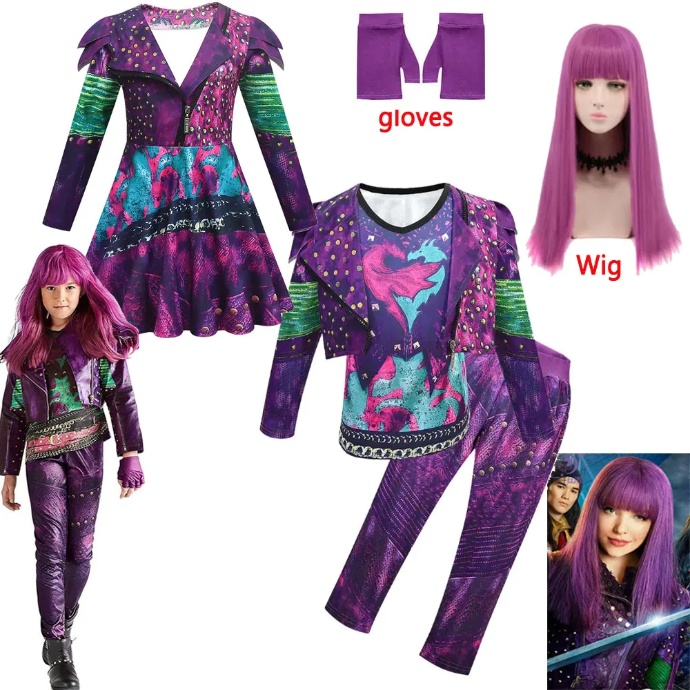Film chaud D-Descendants 4 Mal Costume pour enfants filles Cosplay Evie vêtements Halloween carnaval fantaisie manteau gilet pantalon perruque ensemble de fête