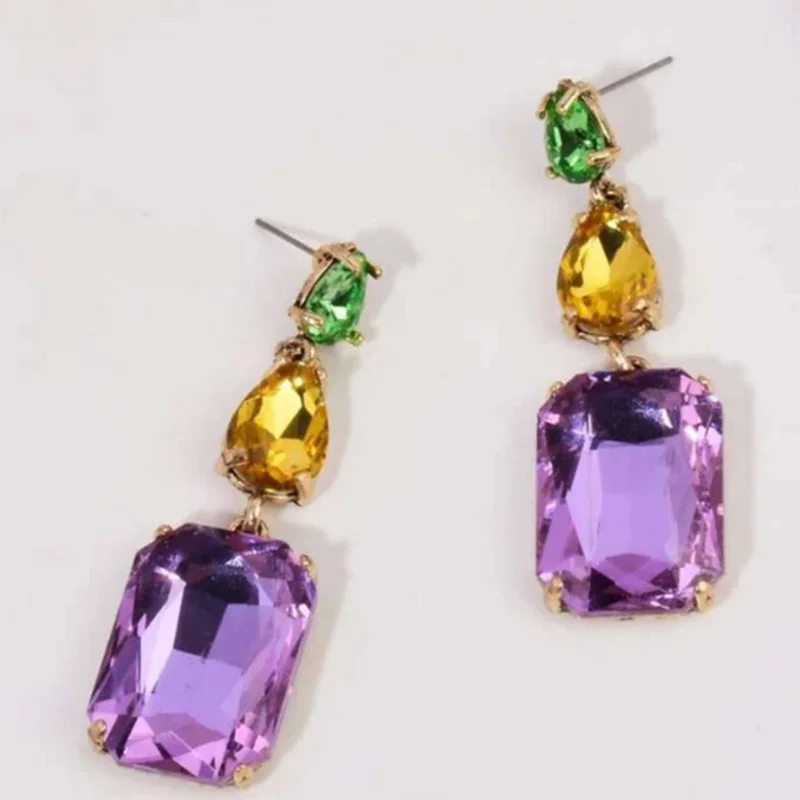 MARDI GRAS RHINESTONE EARRINGS Purple Green Gold Parade Outfit Jewelry Accessories Dangle Earrings