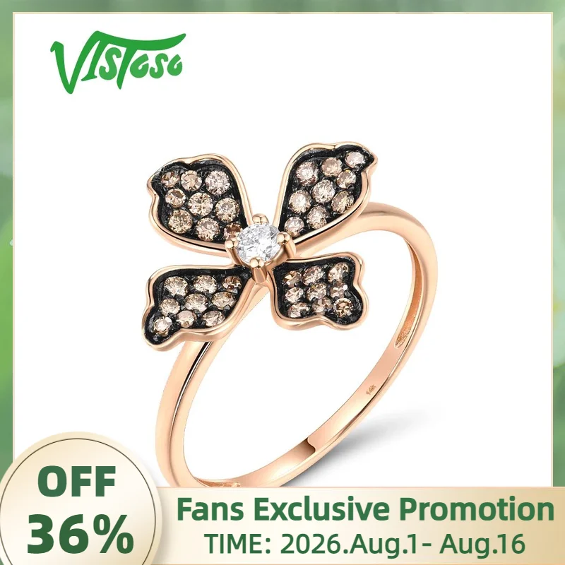 VISTOSO Genuine 14K 585 Rose Gold Rings For Women Sparkling Diamond Brown Diamonds Flower Rings Delicate Trendy Fine Jewelry