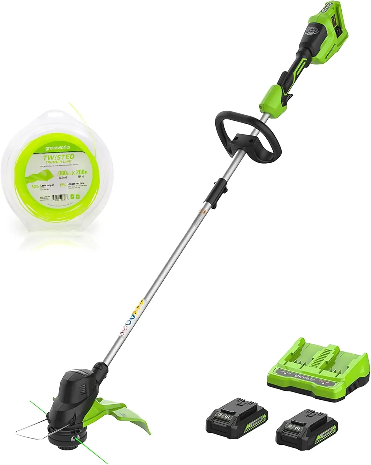 

2 триммера для струн, 24 В (48 В), 15 дюймов, триммерная леска 0,080 дюйма (200 футов), 2 USB-батареи емкостью 2,0 Ач и двухпортовое зарядное устройство 4 А в комплекте