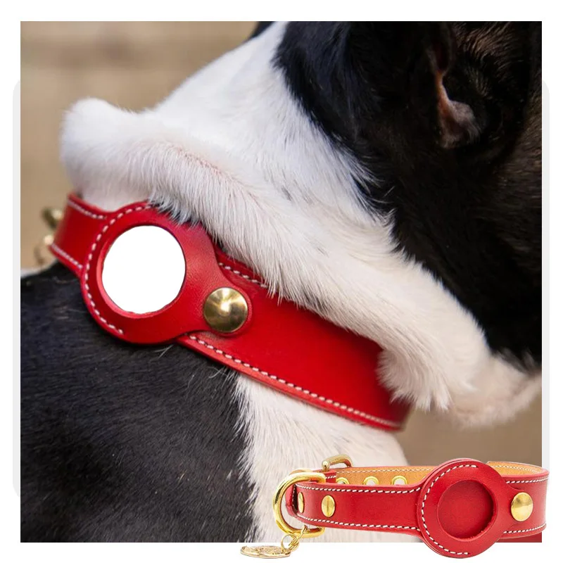 Ошейник из натуральной кожи для питомцев, Роскошный аксессуар с Airtag и держателем для защиты от потери, регулируемое ожерелье для средних и больших собак, щенков