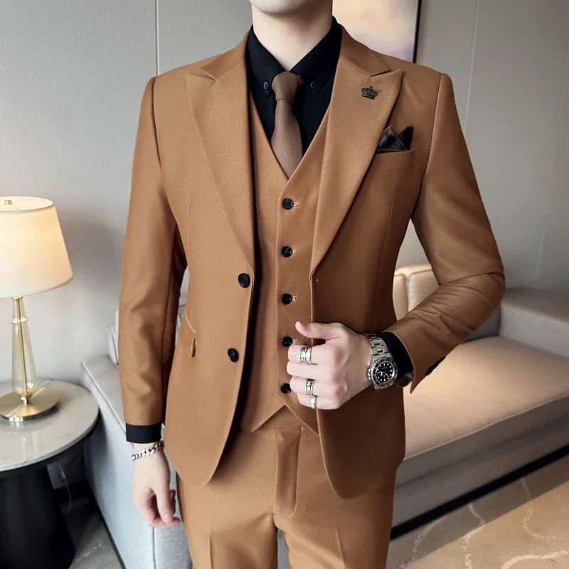 ( Jacket + Vest + Pants ) 2023 Spring Luxury Men High-end Suit Formal Groom Wedding Tuxedo Mens Work Party Slim Fit Suit 3 Piece