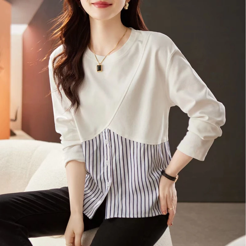 Spring Autumn Fashion Striped T-Shirts O Neck Long Sleeve Women\'s Clothing Patchwork Pullovers Loose Casual Korean Temperame Tee