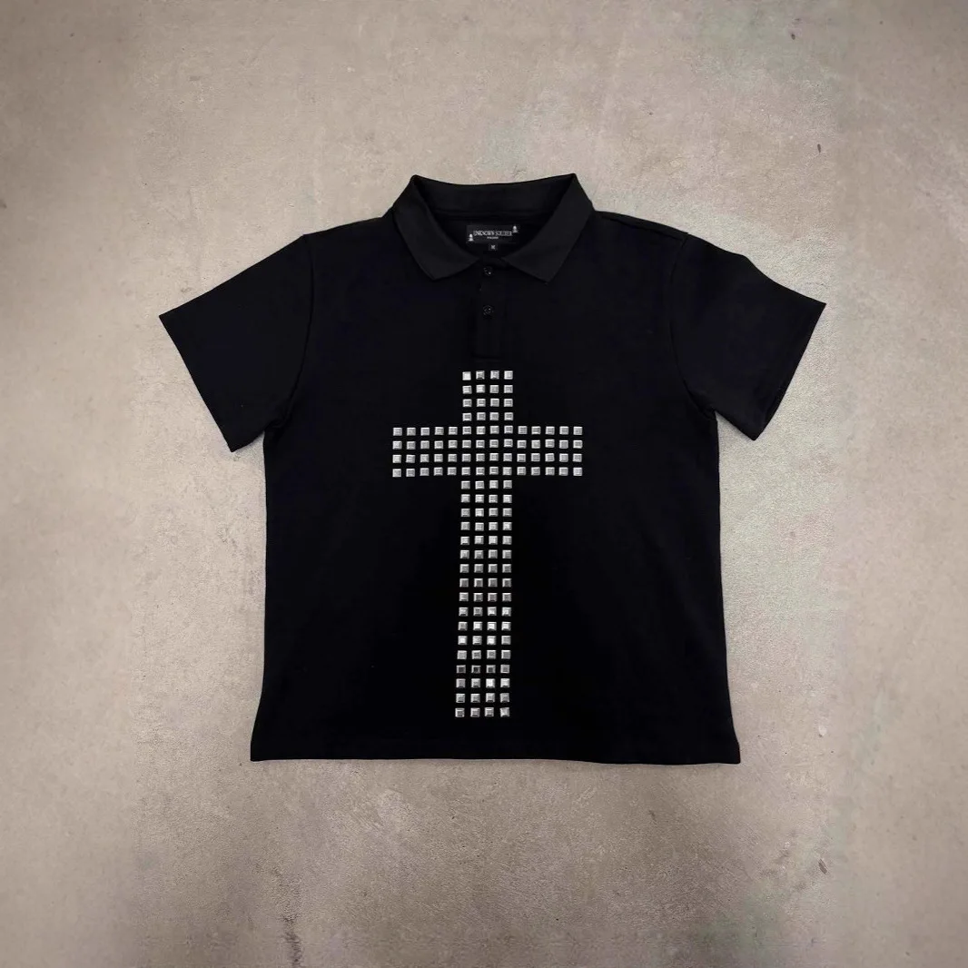 

European and American cross hot stamping polo shirt personalized street style T-shirt, fashionable niche hot stamping top