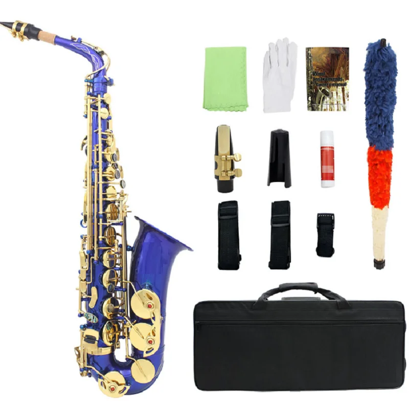 Alto Saxophone E-flat Brass Tube Body, Carved abalone Shell Keys, Blue