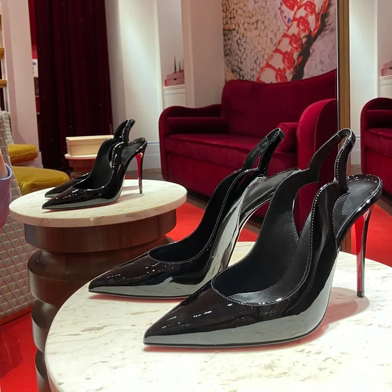 

Супер горячие весенне-летние новые женские туфли на высоком каблуке 12 см с черной острым носком и красной подошвой, тонкие каблуки, сексуальные босоножки с открытой спиной