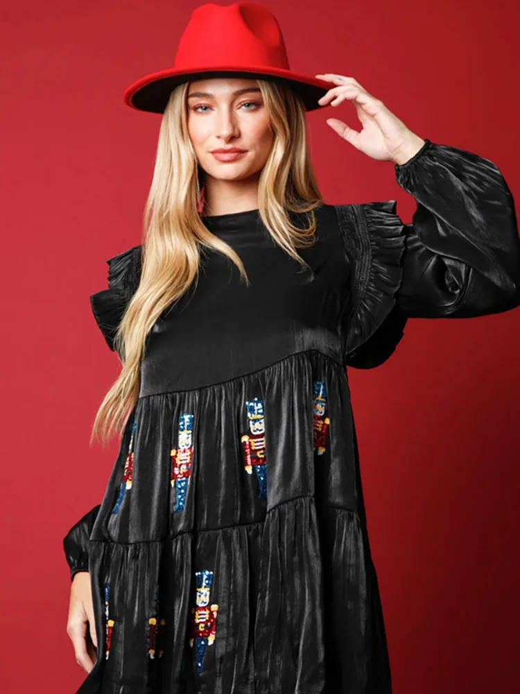 

BKLD 2025 Autumn And Winter New Women Clothing Knee-Length Dress Christmas Long Sleeve Sequined Embroidery Party Dresses