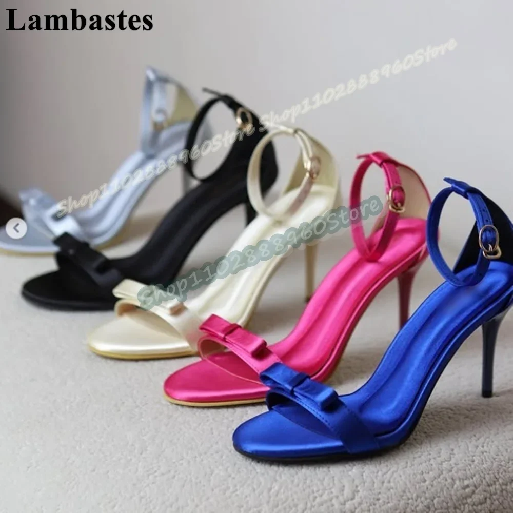 

Solid Satin Narrow Strap Bowknot Sandals Stilettos High Heel Shoes For Women Ankle Buckle Strap Open Toe Luxury Party Sandals