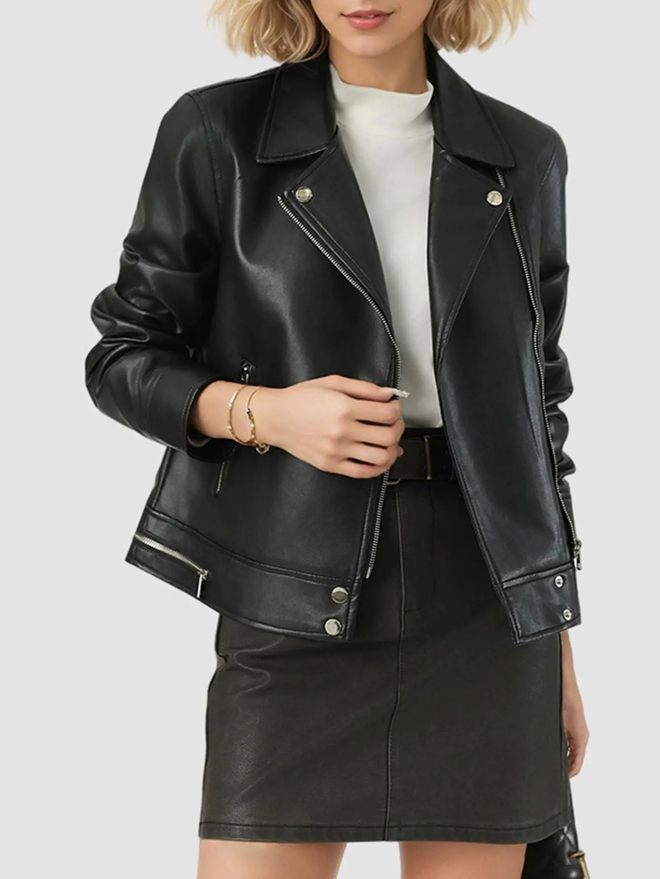 

Женская куртка с длинным рукавом, осенне-зимняя модная уличная одежда, простая открытая молния спереди, кожаная повседневная верхняя одежда с лацканами