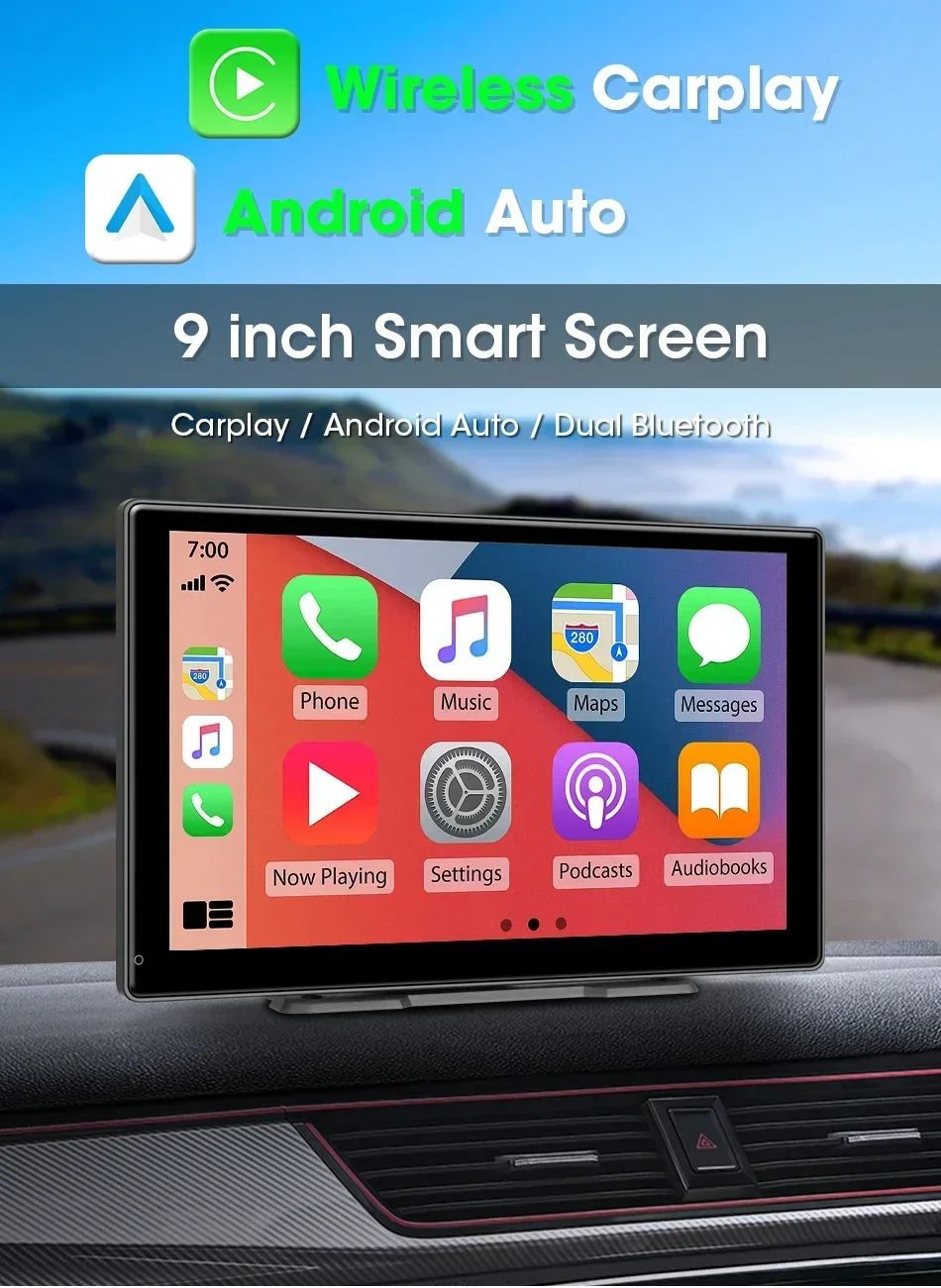 

9 Inch Touch Screen Monitor 2K/1440P+1080P Wireless Carplay Android Auto Bluetooth-compatible Dash Cam Built-in Speaker