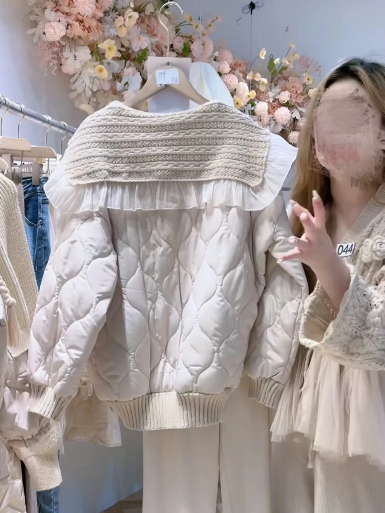 Sweet Style Loose Fit down Cotton Jacket with Knitted Splicing Cotton Insert Doll Collar Autumn Winter New Arrival