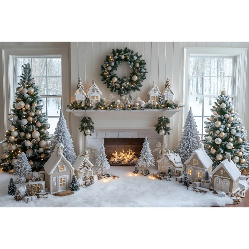 Christmas Photography Backdrop Fireplace Xmas Tree Gift Wreath Interior Scene Baby Portrait Family Party Background Photo Studio