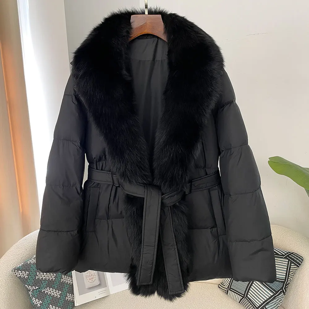 Winter New White Goose Down Coat Down Jacket Women Parkas Slim Coat Belt Outwear Female Warm Luxury Natural Fox Fur Collar