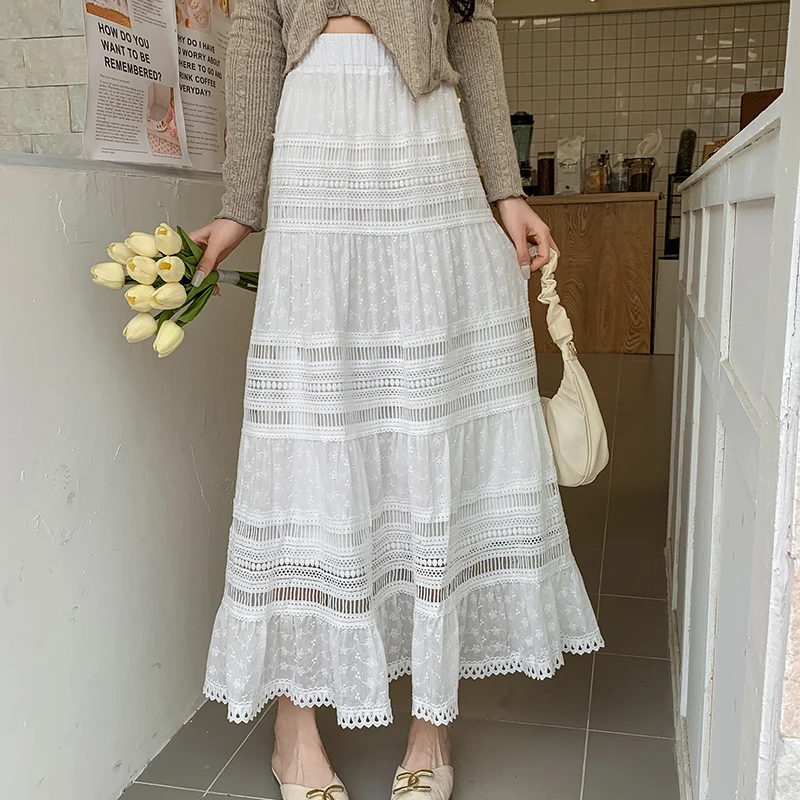 

Summer Casual Hollow Out Fashion Elasitc Waist White Skirts with Liner A-Line High Waist Embroidery Long Skirts Maxi Saias Mujer