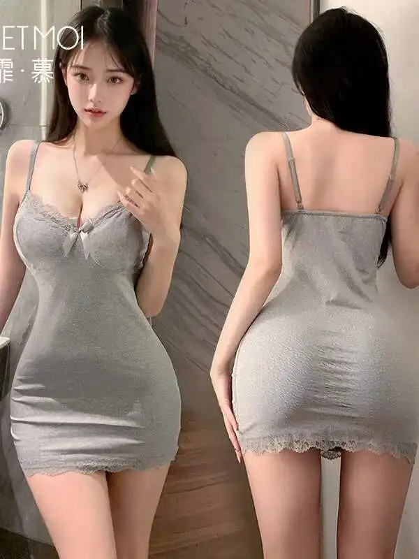 الرغبة حار فتاة نقية الدانتيل ثوب النوم مثير الخامس الرقبة يتعرض الصدر فستان موحد أنيق رمادي الحلو الكورية فستان قصير مثير القمم Z7B