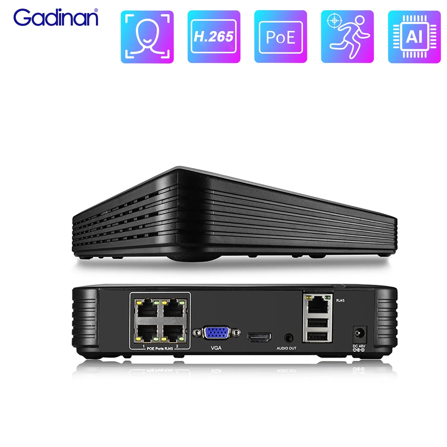 Gadinan 4CH/8CH POE NVR Video Recorder H.265 8MP 4K Audio Out IP Camera AI Face Detection for CCTV Network Video Surveillance