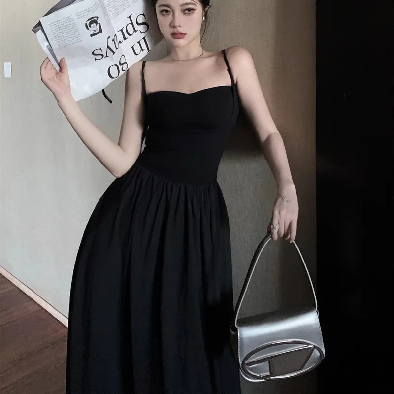 Black Dress Women Summer Spaghetti Strap Holiday Beach Style Gentle A-line Chic Temper Maxi Vestidos Feminine Soft Slouchy 2024