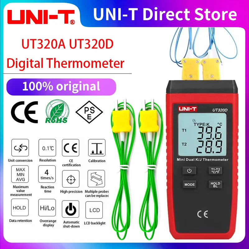 UNI-T UT320A UT320D Cyfrowy Termometr Mini Dwukontaktny Termopara Typ K J Miernik Wysokiej Temperatury Tester -50 ℃   do 1200 ℃