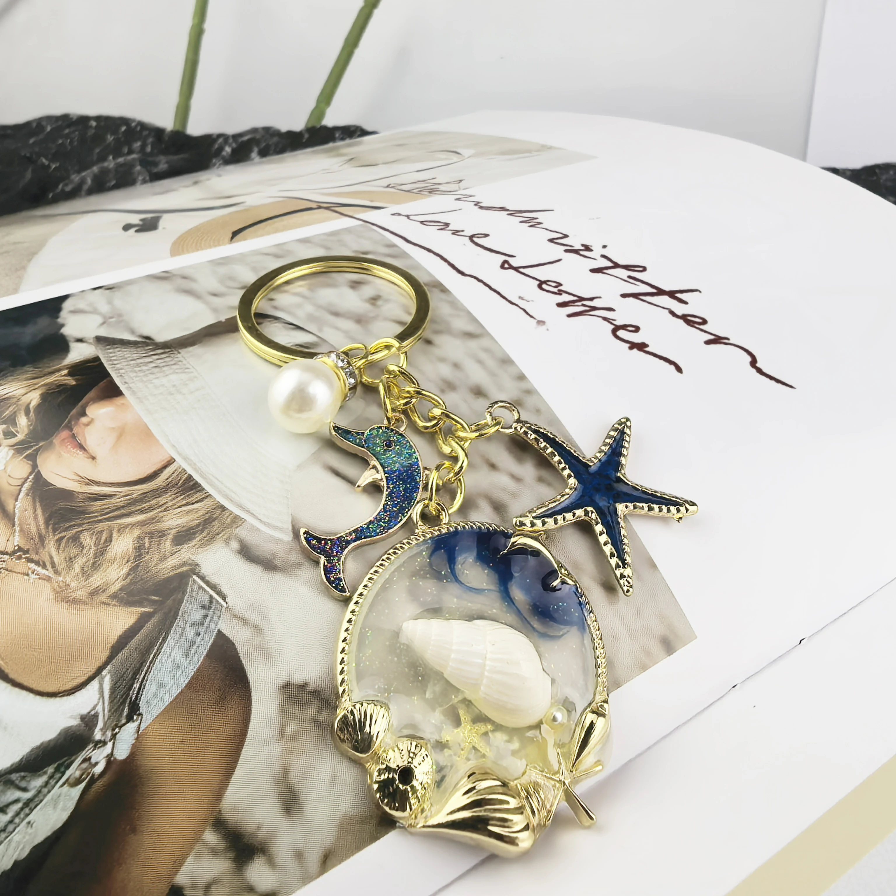 Mode Seestern Muschel Delphin Perle Emaille Schlüsselanhänger Schöne Meer Strand Anhänger Handgemachte DIY Handgemachte Geschenk Schmuck