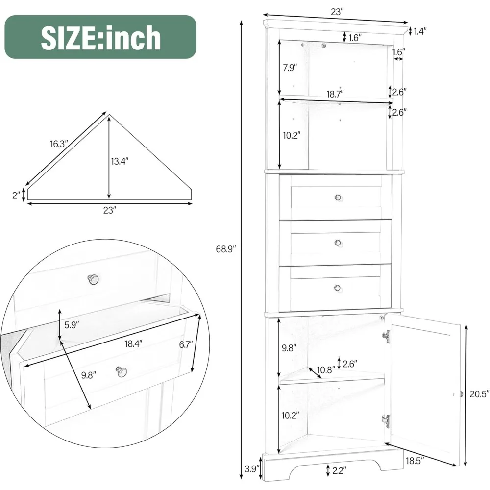 Bathroom Cabinet, 68.3 in, with 3 Drawers and Door, Triangular Tall Cabinet with Adjustable Shelves, Wood Storage Cabinet