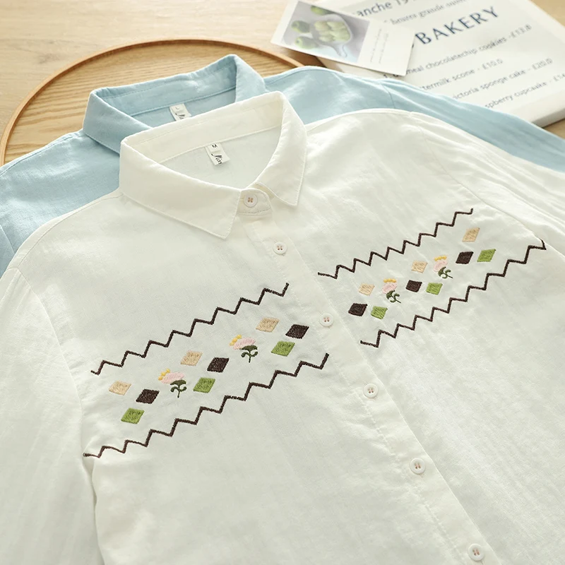 

Spring Autumn Diamond-shaped Embroidered Double-layer Tops Women Clothing Long Sleeved Cotton Female Shirts & Blouses U119