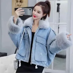 Autumn Winter New Denim Jacket Women Outwear Fashion Loose Stitching Large Wool Collar Plus Velvet Thicken Warm Jeans Coat Tops