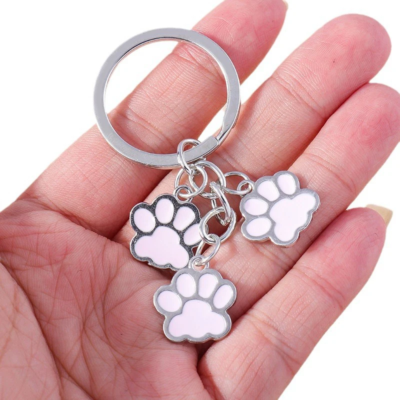 1Pcs Hot Sale Cartoon Three Dogs Paw Footprint Keychain Charm Alloy Oil Dripping Dog Paw Bone Metal Key Ring Charm Small Gift