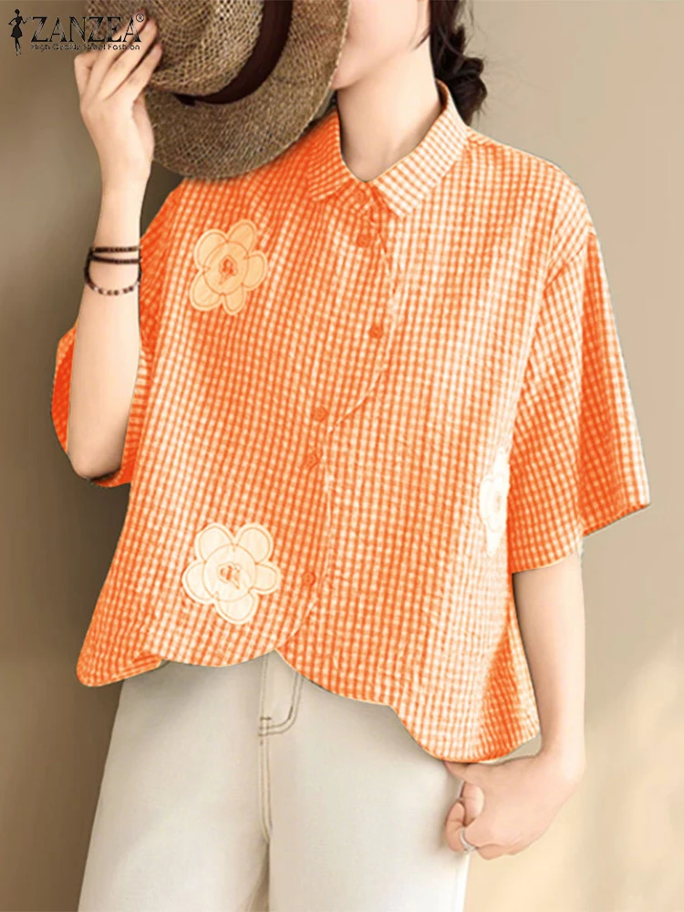 

2025 ZANZEA Women Summer Checked Print Shirts Short Sleeve Blouses Female Work OL Blusas Casual Lapel Neck Holiday Tunic Tops