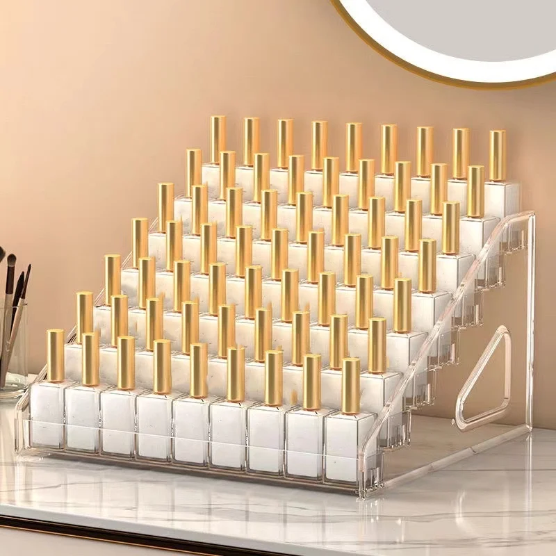 Versatile Transparent Nail Polish Lipstick Eyeshadow Display Holder, Multilayer Trapezoid Makeup Storage Shelf for Nail Salon
