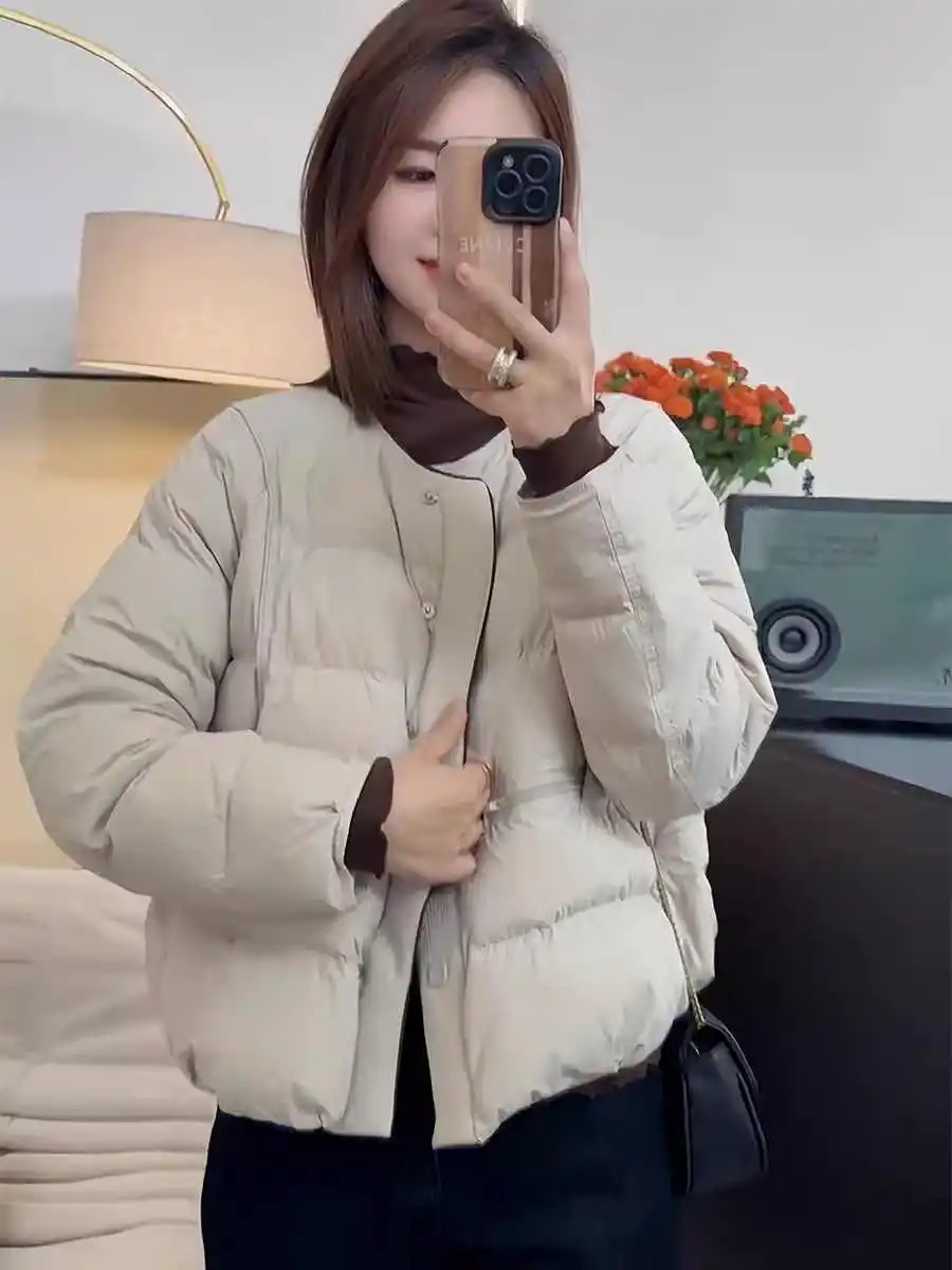 

Модная женская утепленная куртка с круглым вырезом и наполнителем из утиного пуха, короткое пальто в корейском стиле, для повседневной носки, зимняя новинка