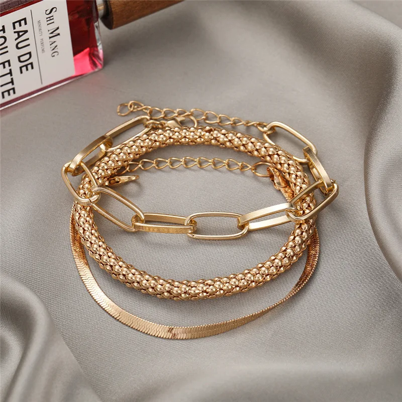 3Pcs/Set Snake Bone Popcorn Chain Bracelet For Women Gold Silver Color Multi-layer Alloy Bracelet Vintage Jewelry Party Gifts