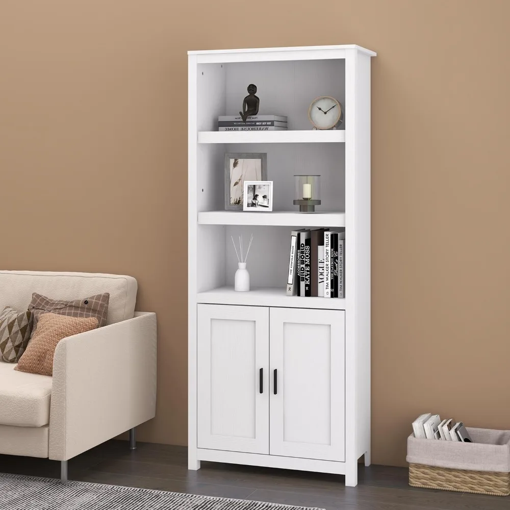 خزانة كتب بانانا بأبواب، 5 أرفف عرض قائمة بذاتها مع منظم تخزين الخزانة وأثاث المكاتب المنزلية (أبيض)