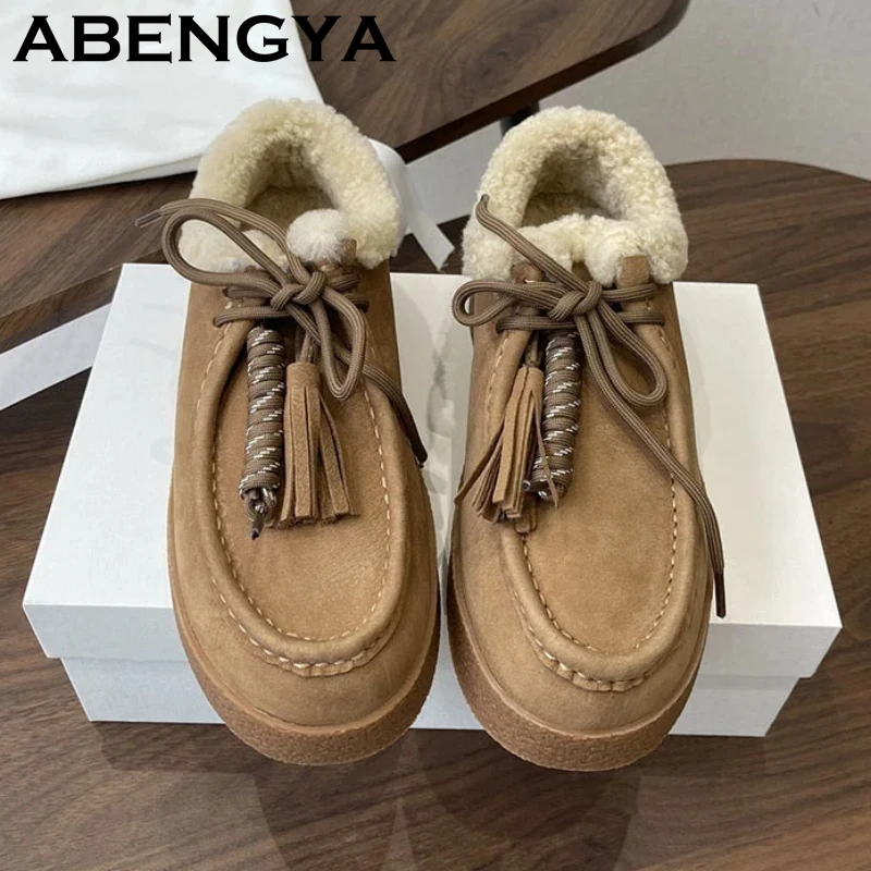 2025 Winter Thick Sole Warm Wool Snow Boots Women Suede Leather Lace Up Flat Platform Shoes Casual Comfort Fur Short Botas Mujer