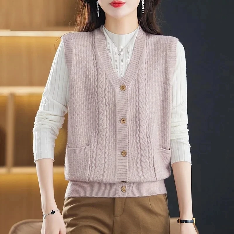 Spring Autumn Sleeveless Loose Women\'s Cardigan Sweater Vest Korean Version Solid Color Ladies Short Knitting Waistcoat Jacket