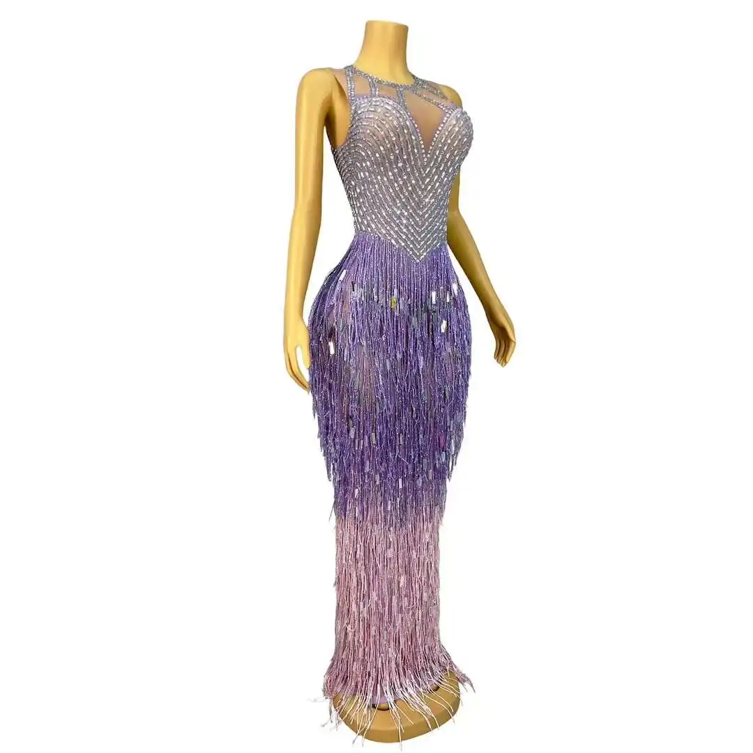 Luxury Women Celebrity Evening Party Gala Gown Sparkly Crystal Rhinestone Fringes Stretch Purple Elegant Party Prom Club Dress